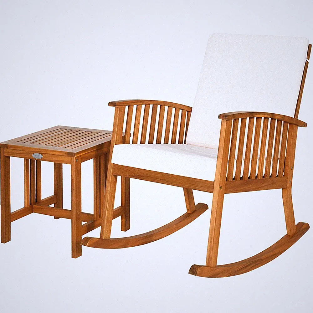 2PCS Acacia Wood Patio Rocking Chair Table Set Cushioned Rocker W/ Coffee Table
