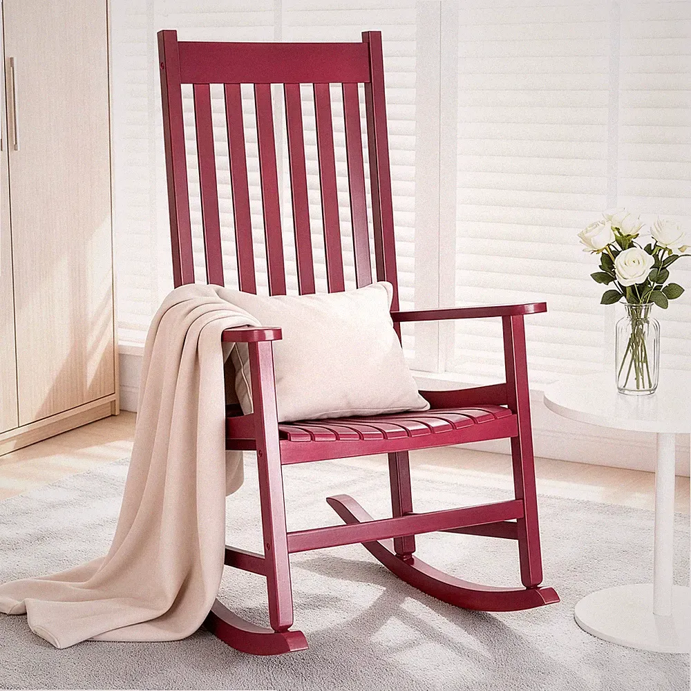 46in Wooden Rocking Chair High Back Armchair Durable Rocker for In/Outdoor Porch