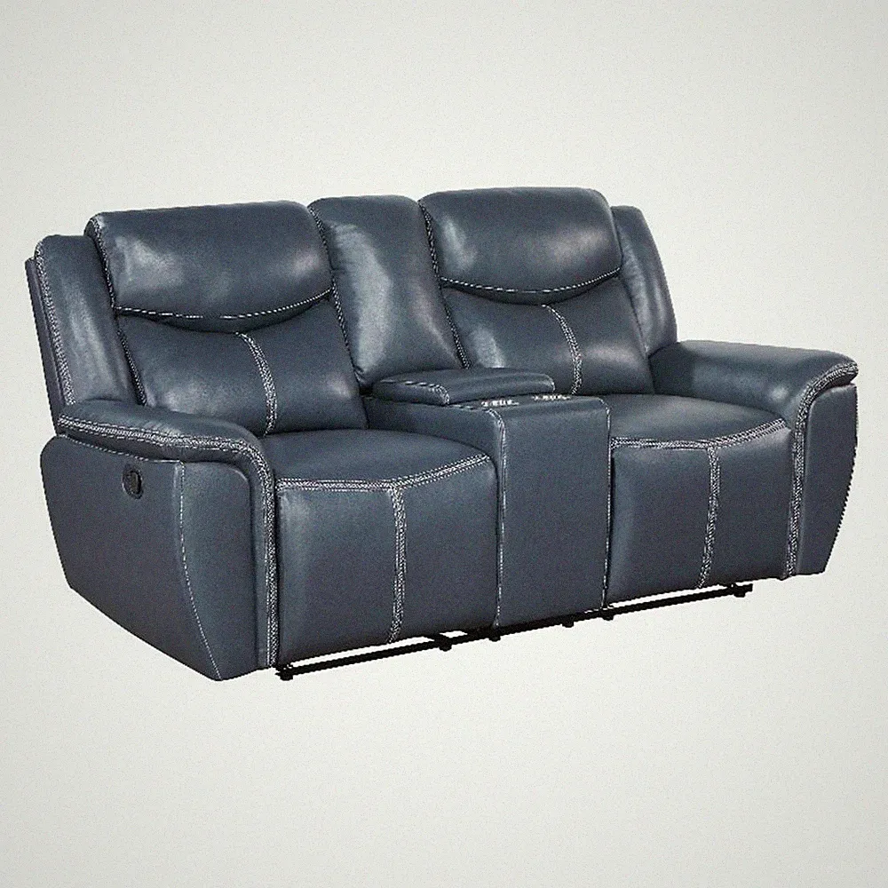 Benjara Eleni Manual Recliner Loveseat- Cup Holders- Blue Faux Leather- 79 Inch