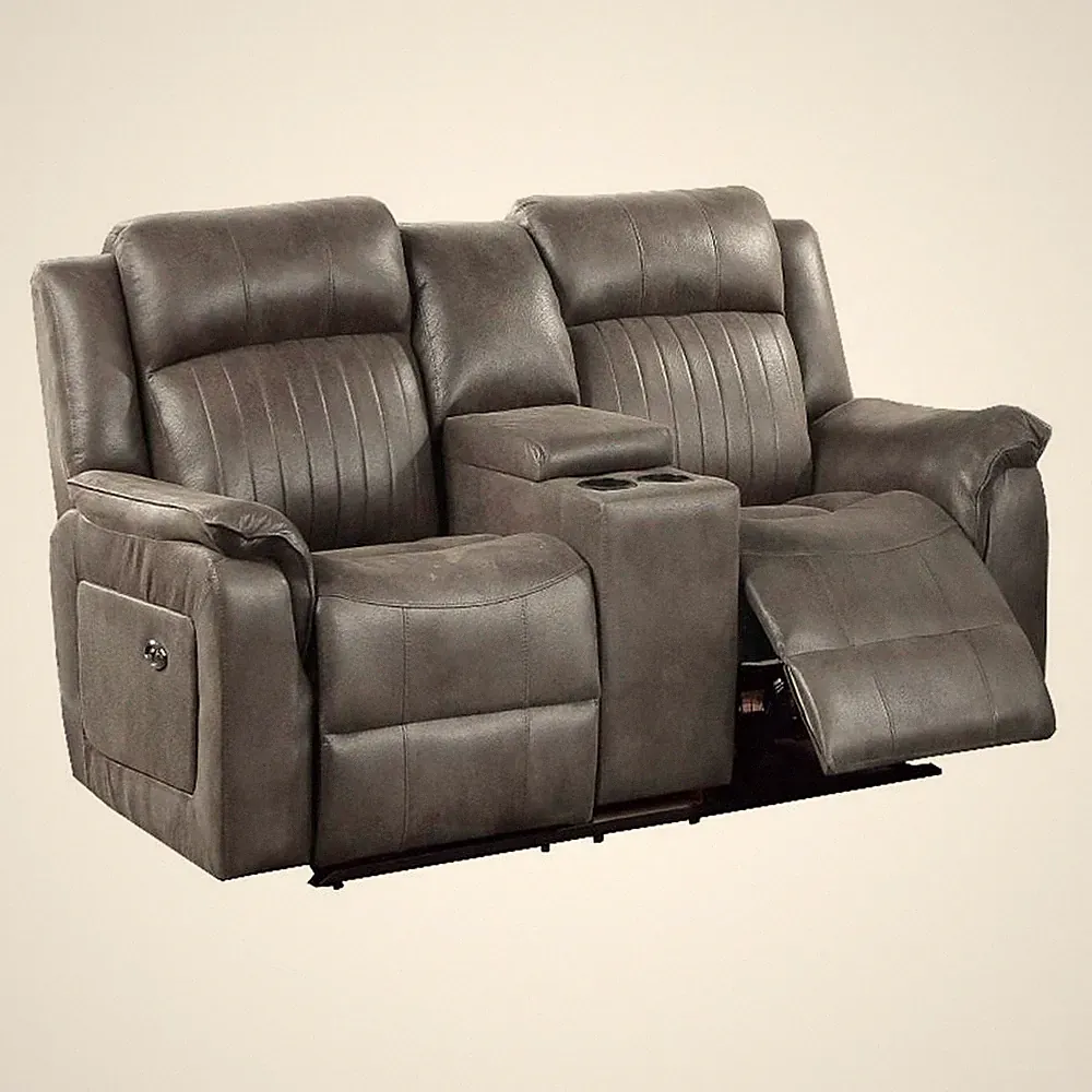 Benjara Fabric Manual Loveseat with 2 Cupholders and Console- Gray