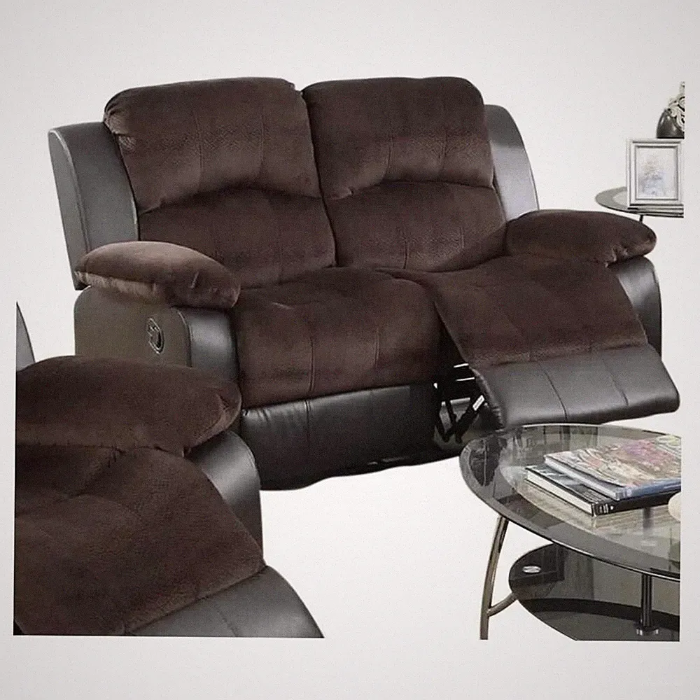 Benjara Padded Suede Faux Leather Reclining Loveseat- Brown