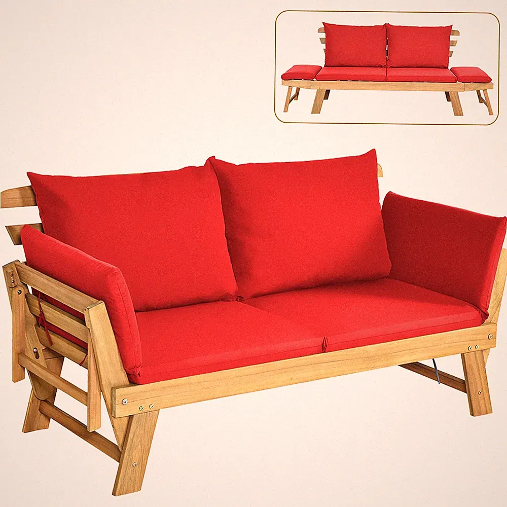 Patio Convertible Sofa Daybed Solid Wood Adjustable Furniture Thick Cushion Red