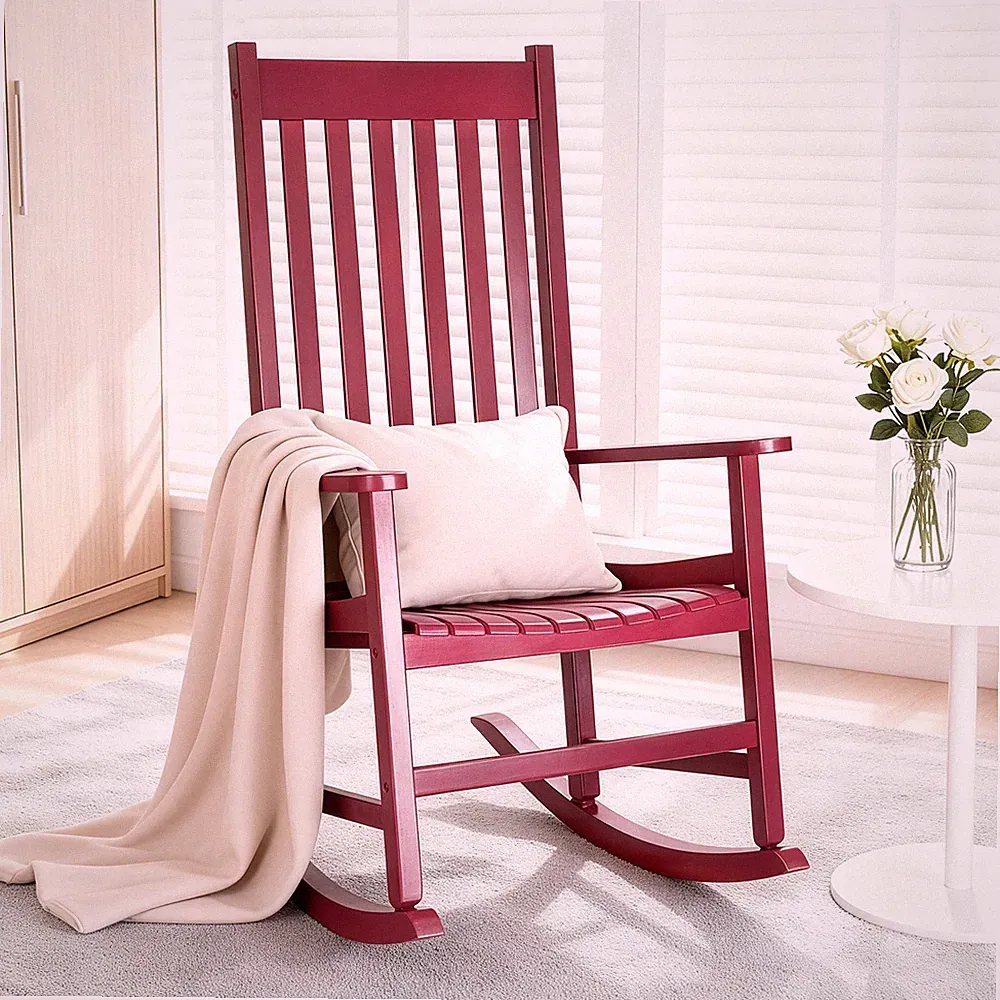 Rocking Chair 46in Wooden, w/ High Back Armchair Durable Rocker for Indoor Porch